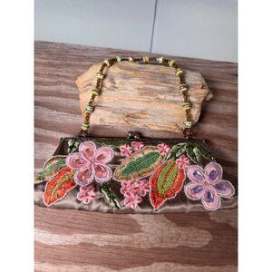 Floral Embroidered Satin Clutch Purse With Beaded Handle